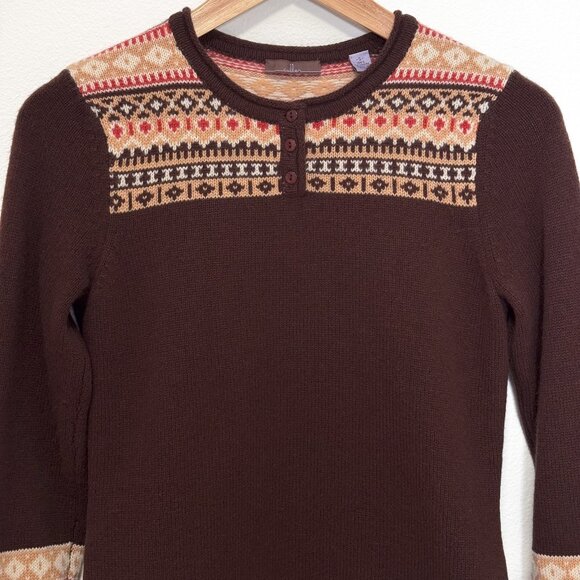 Brown and Beige Fair Isle 100% Cashmere Henley Sweater Size Small - Picture 3 of 8